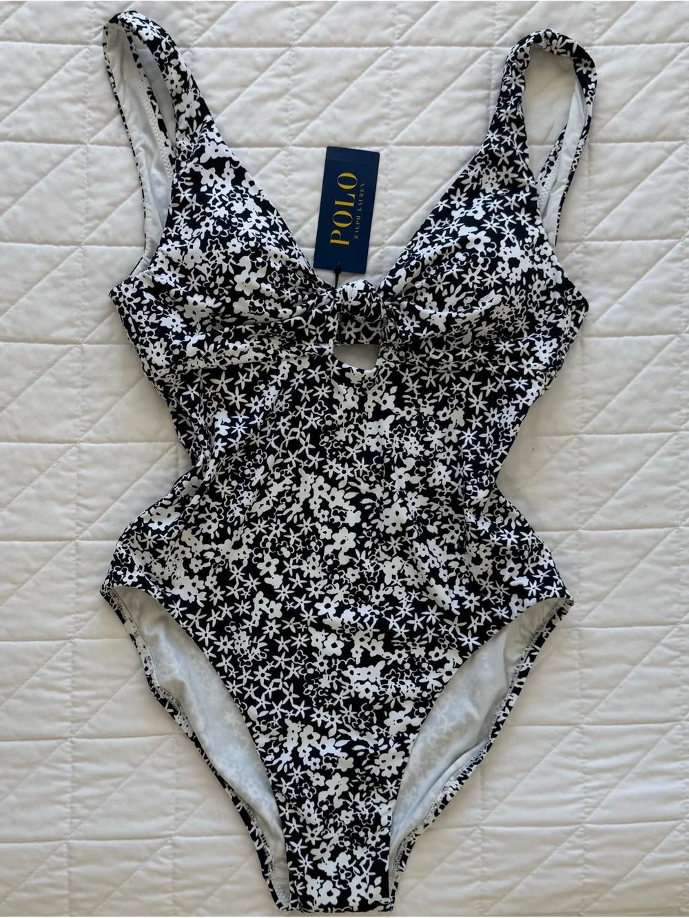 Ralph Lauren Black & White Floral Knot Front One-Piece